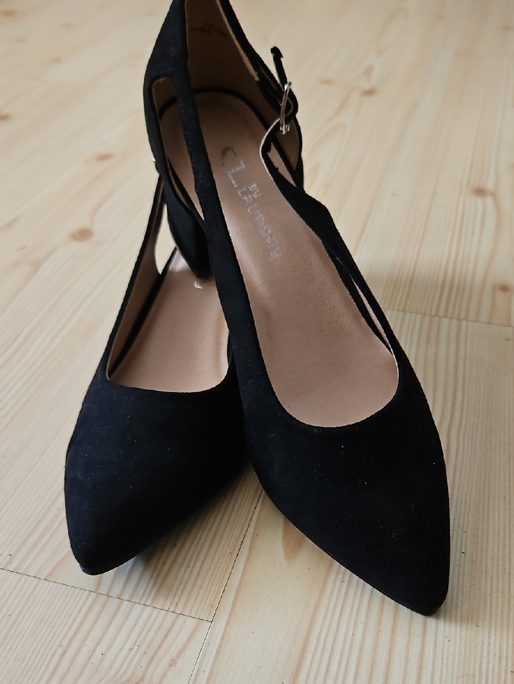 CL by Laundry Black Suede Pointed Toe Slingback Heels